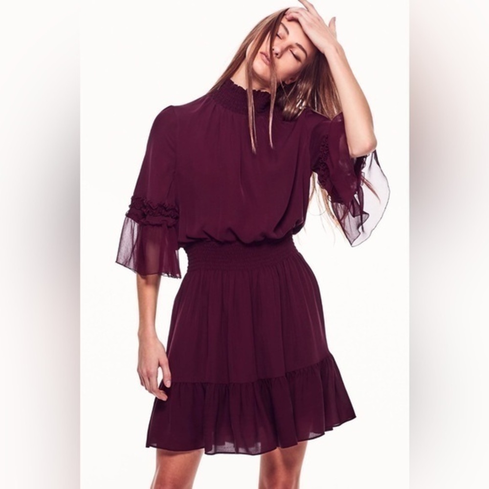 Kobi Halperin Lacie Silk Smocked-Waist Chiffon Long Sleeve Mini Dress in Merlot